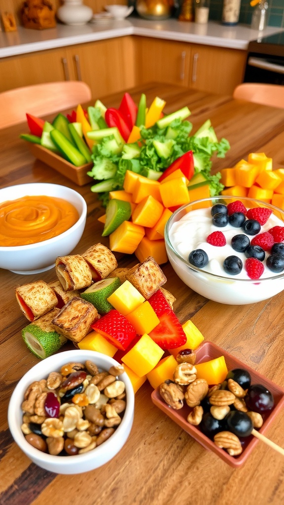 A colorful and inviting display of various healthy snacks including hummus and veggies, yogurt with berries, fruit skewers, and trail mix.